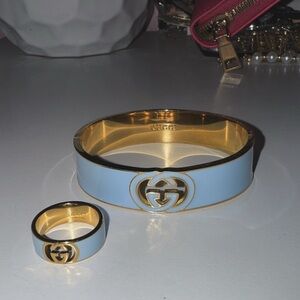 Gucci Gold and Light Blue Enamel Bracelet and Ring Set